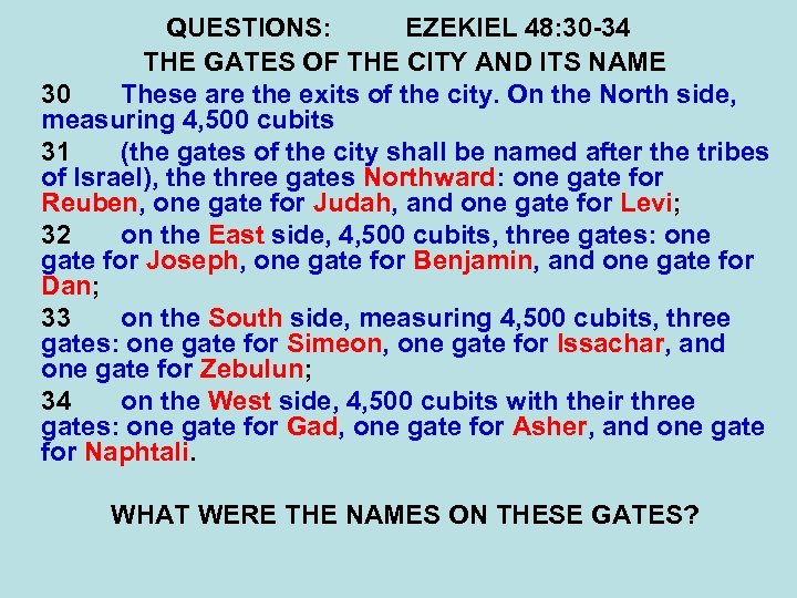 QUESTIONS: EZEKIEL 48: 30 -34 THE GATES OF THE CITY AND ITS NAME 30