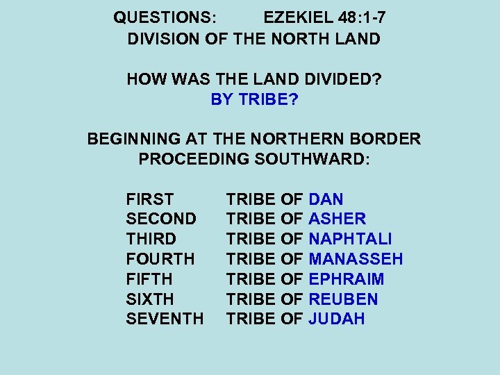 QUESTIONS: EZEKIEL 48: 1 -7 DIVISION OF THE NORTH LAND HOW WAS THE LAND