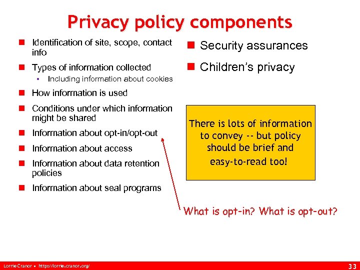 Privacy policy components n Identification of site, scope, contact info n Security assurances n