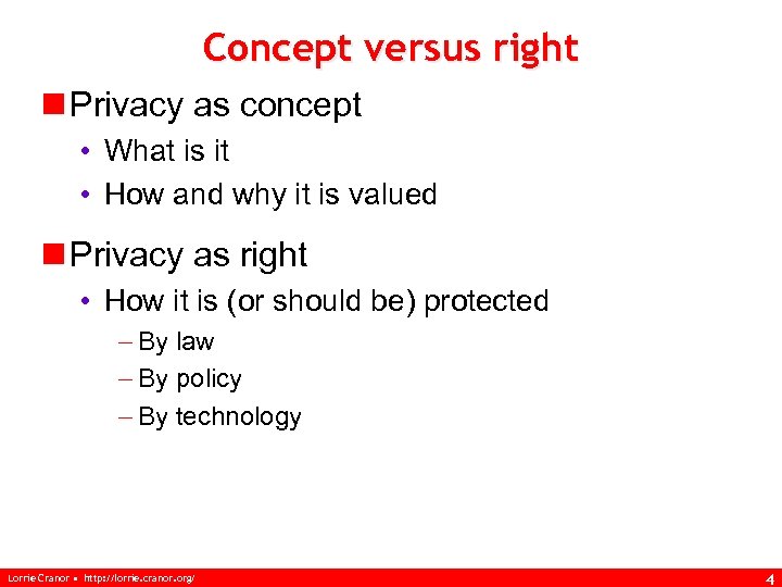 Concept versus right n Privacy as concept • What is it • How and