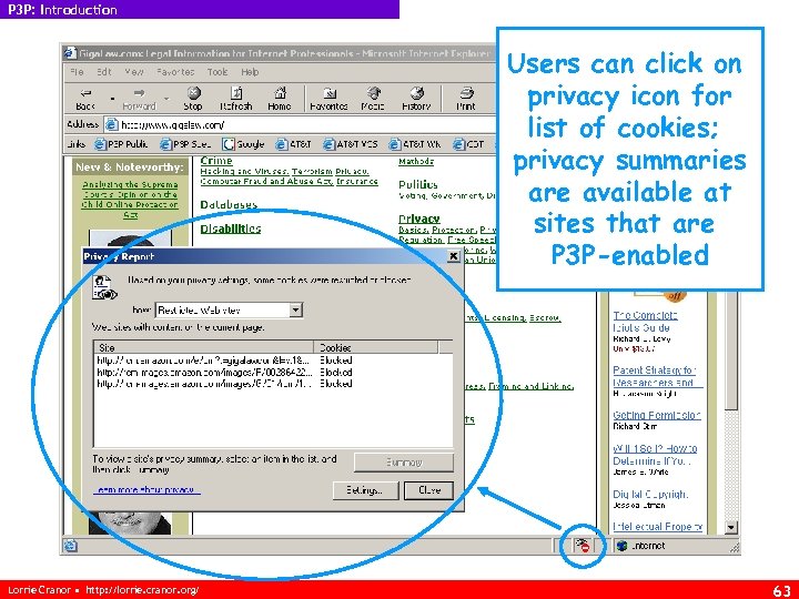 P 3 P: Introduction Users can click on privacy icon for list of cookies;