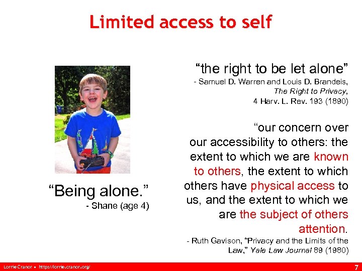 Limited access to self “the right to be let alone” - Samuel D. Warren