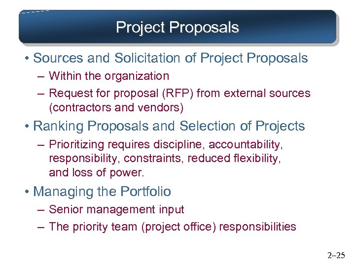 Project Proposals • Sources and Solicitation of Project Proposals – Within the organization –