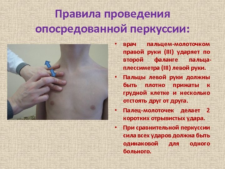 Правила проведения опосредованной перкуссии: • врач пальцем-молоточком правой руки (III) ударяет по второй фаланге