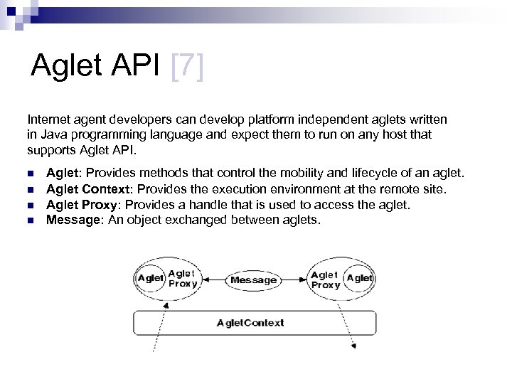 Aglet API [7] Internet agent developers can develop platform independent aglets written in Java