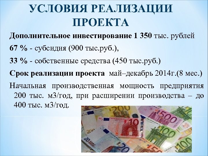УСЛОВИЯ РЕАЛИЗАЦИИ ПРОЕКТА Дополнительное инвестирование 1 350 тыс. рублей 67 % - субсидия (900