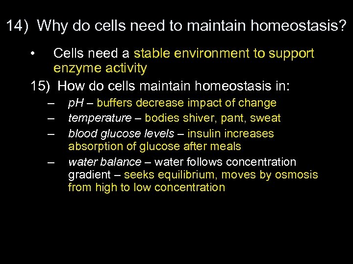 14) Why do cells need to maintain homeostasis? • Cells need a stable environment