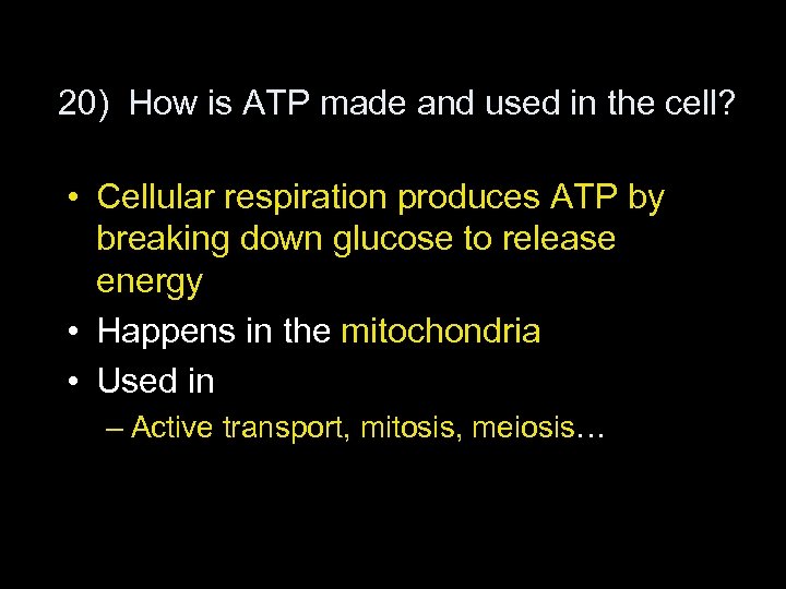 20) How is ATP made and used in the cell? • Cellular respiration produces