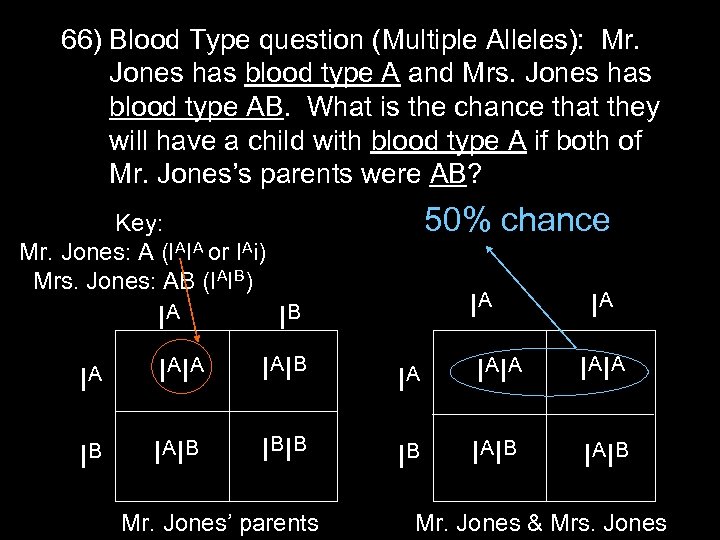 66) Blood Type question (Multiple Alleles): Mr. Jones has blood type A and Mrs.