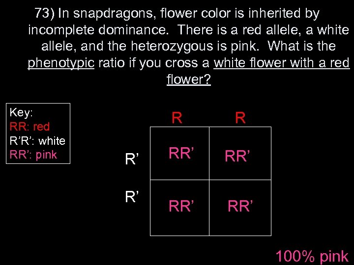 73) In snapdragons, flower color is inherited by incomplete dominance. There is a red