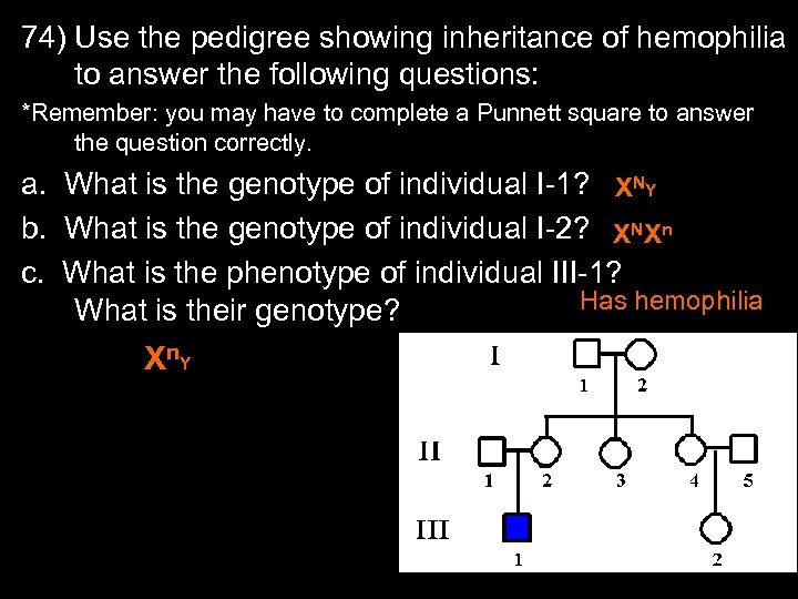 74) Use the pedigree showing inheritance of hemophilia to answer the following questions: *Remember: