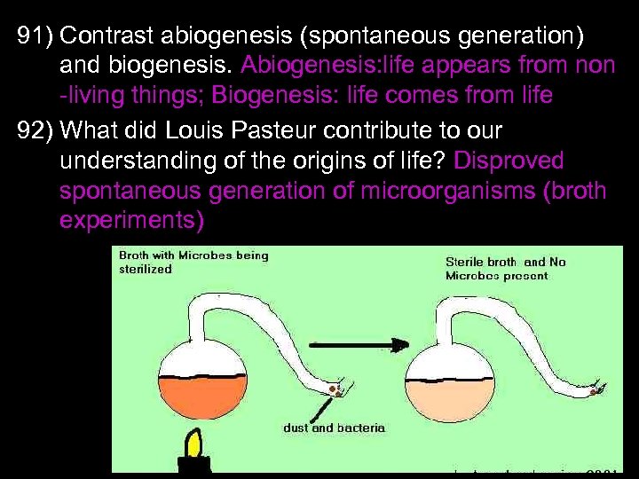 91) Contrast abiogenesis (spontaneous generation) and biogenesis. Abiogenesis: life appears from non -living things;