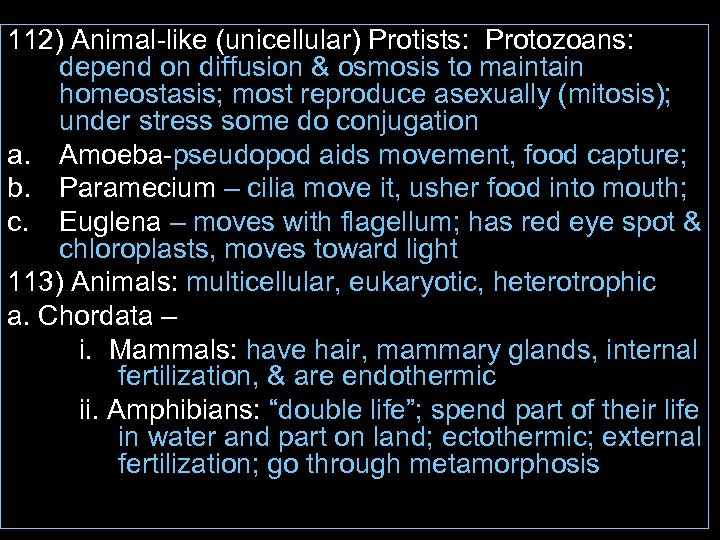 112) Animal-like (unicellular) Protists: Protozoans: depend on diffusion & osmosis to maintain homeostasis; most