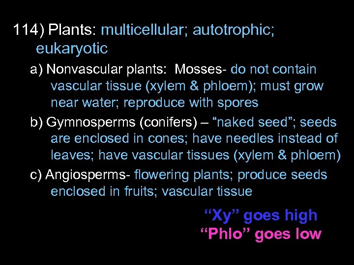 114) Plants: multicellular; autotrophic; eukaryotic a) Nonvascular plants: Mosses- do not contain vascular tissue