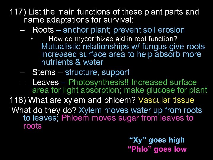 117) List the main functions of these plant parts and name adaptations for survival: