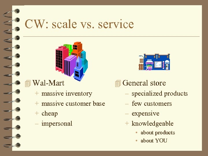 CW: scale vs. service 4 Wal-Mart + massive inventory + massive customer base +