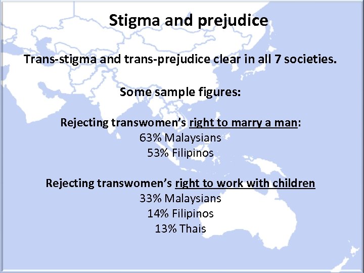 Stigma and prejudice Trans-stigma and trans-prejudice clear in all 7 societies. Some sample figures: