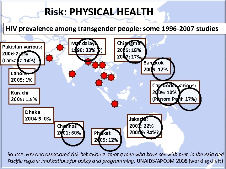 Risk: PHYSICAL HEALTH HIV prevalence among transgender people: some 1996 -2007 studies Pakistan various: