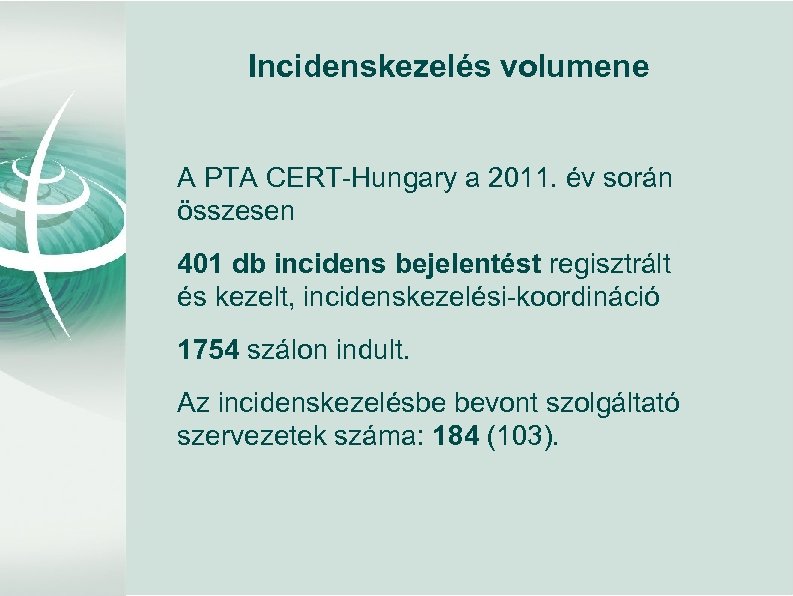 Incidenskezelés volumene A PTA CERT-Hungary a 2011. év során összesen 401 db incidens bejelentést
