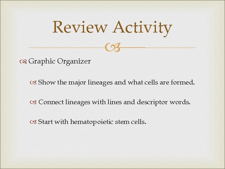 Review Activity Graphic Organizer Show the major lineages and what cells are formed. Connect