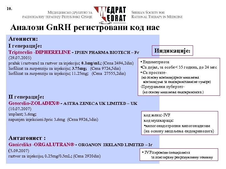 10. Аналози Gn. RH регистровани код нас Агонисти: I генерације: Triptorelin -DIPHERELINE - IPSEN
