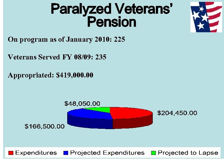 Paralyzed Veterans’ Pension On program as of January 2010: 225 Veterans Served FY 08/09: