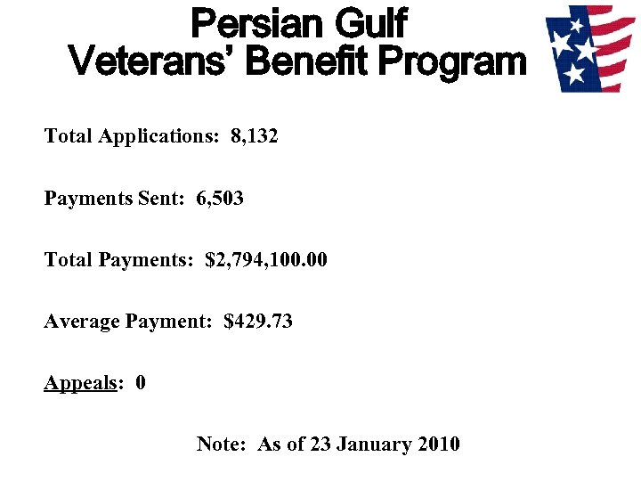 Persian Gulf Veterans’ Benefit Program Total Applications: 8, 132 Payments Sent: 6, 503 Total