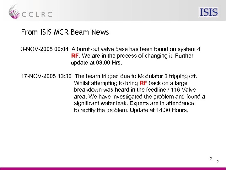 From ISIS MCR Beam News 3 -NOV-2005 00: 04 A burnt out valve base