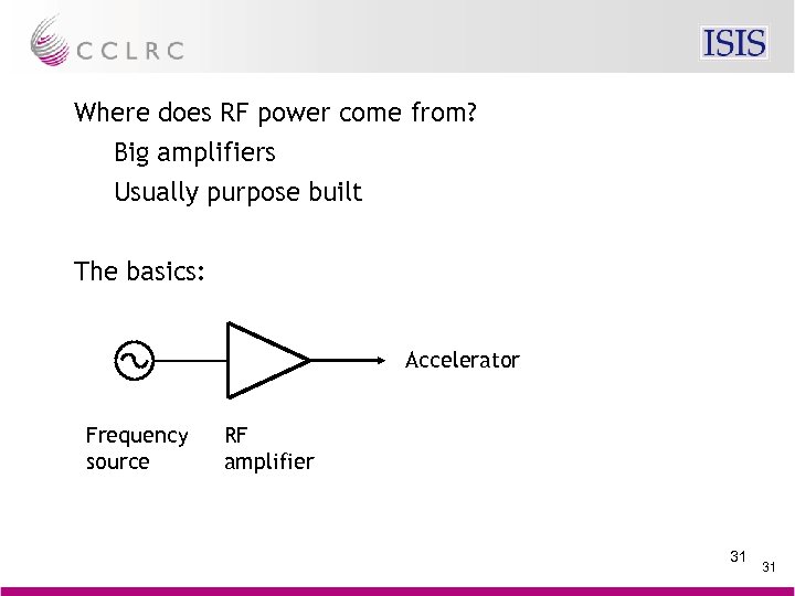 Where does RF power come from? Big amplifiers Usually purpose built The basics: Accelerator