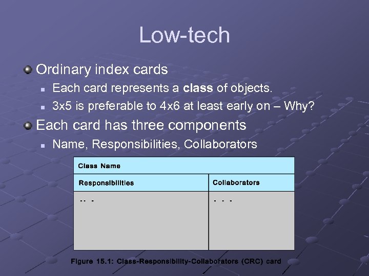 Low-tech Ordinary index cards n n Each card represents a class of objects. 3