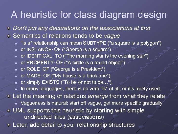 A heuristic for class diagram design Don't put any decorations on the associations at