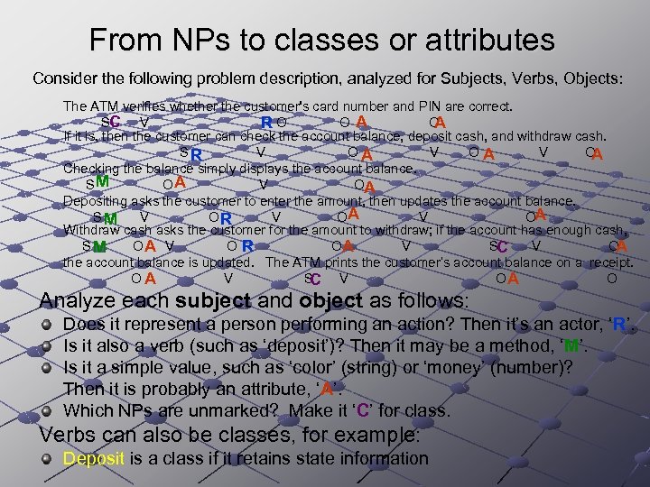 From NPs to classes or attributes Consider the following problem description, analyzed for Subjects,