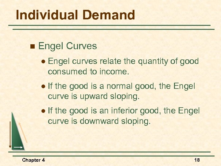 Individual Demand n Engel Curves l Engel curves relate the quantity of good consumed