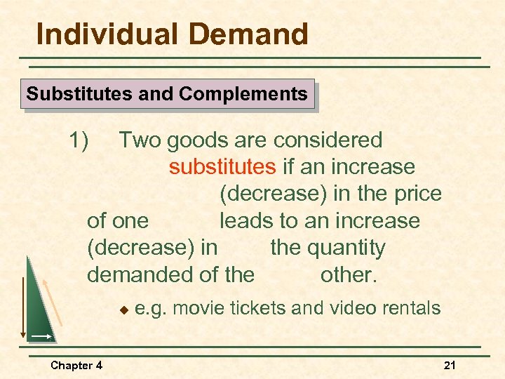 Individual Demand Substitutes and Complements 1) Two goods are considered substitutes if an increase