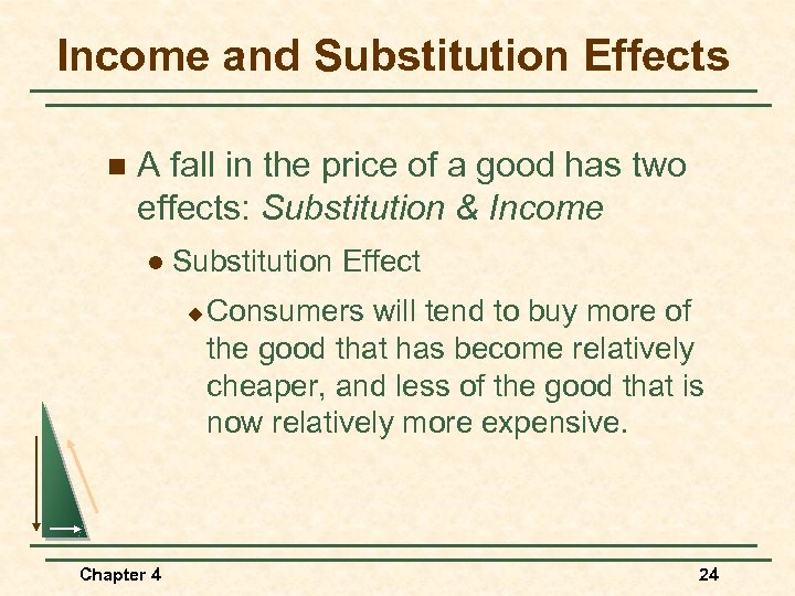Income and Substitution Effects n A fall in the price of a good has