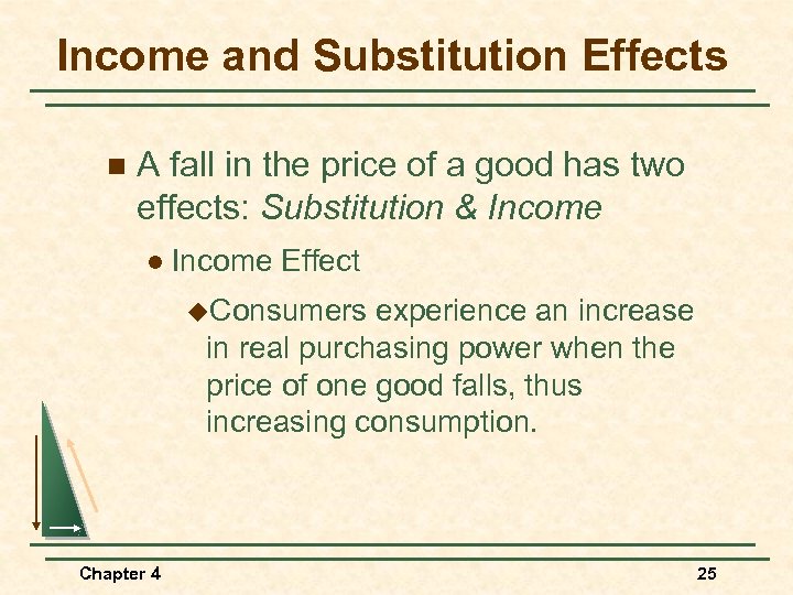 Income and Substitution Effects n A fall in the price of a good has