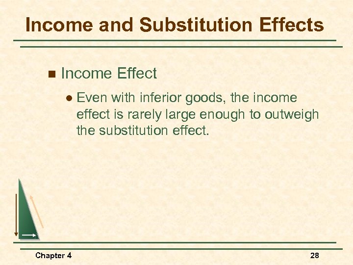 Income and Substitution Effects n Income Effect l Even with inferior goods, the income
