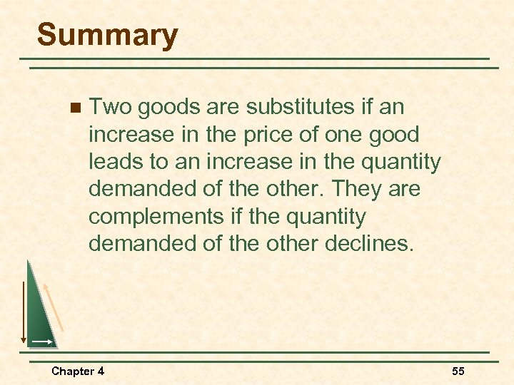 Summary n Two goods are substitutes if an increase in the price of one