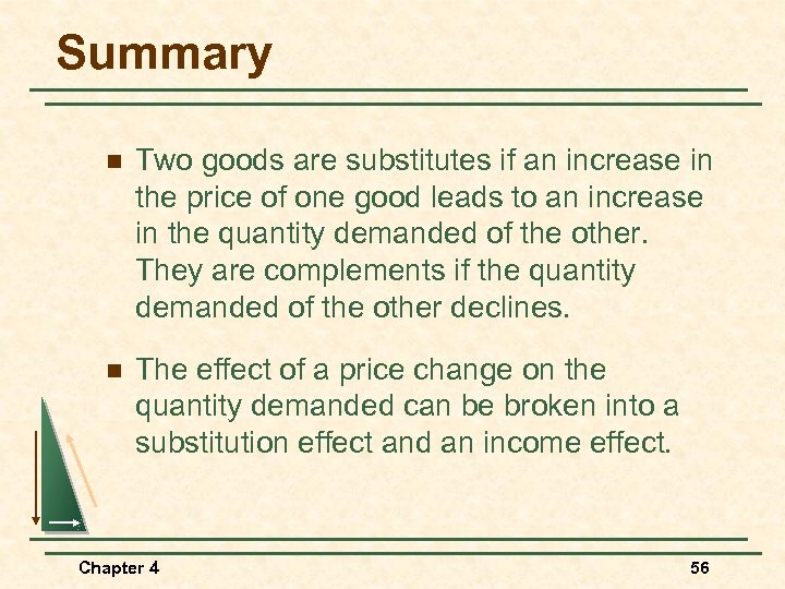 Summary n Two goods are substitutes if an increase in the price of one