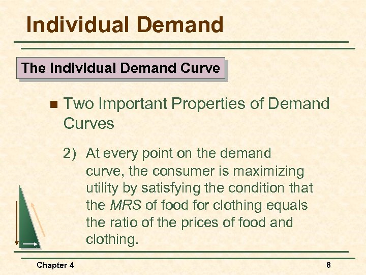 Individual Demand The Individual Demand Curve n Two Important Properties of Demand Curves 2)