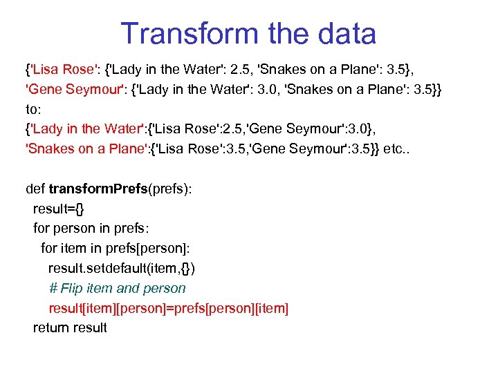 Transform the data {'Lisa Rose': {'Lady in the Water': 2. 5, 'Snakes on a