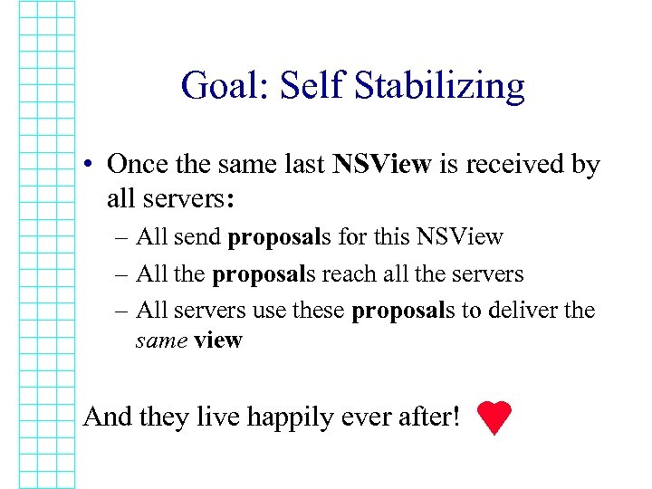 Goal: Self Stabilizing • Once the same last NSView is received by all servers: