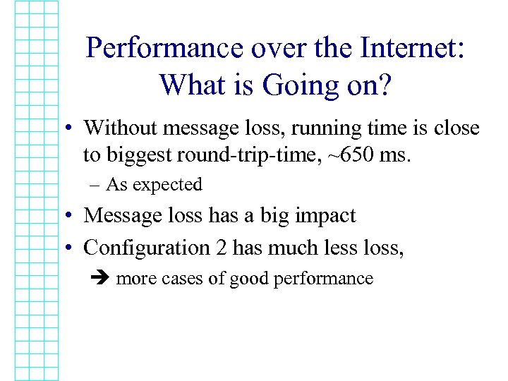 Performance over the Internet: What is Going on? • Without message loss, running time