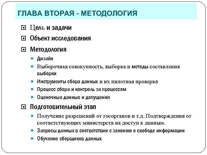 ГЛАВА ВТОРАЯ - МЕТОДОЛОГИЯ Цель и задачи Объект исследования Методология Дизайн Выборочная совокупность, выборка
