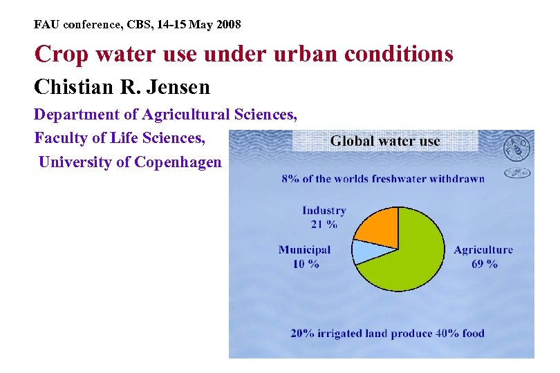 FAU conference, CBS, 14 -15 May 2008 Crop water use under urban conditions Chistian