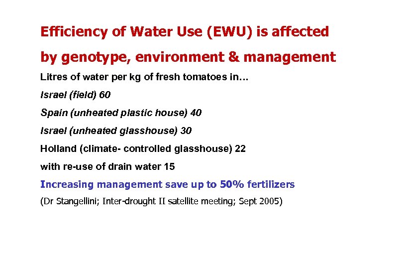 Efficiency of Water Use (EWU) is affected by genotype, environment & management Litres of