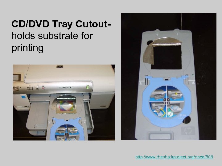 CD/DVD Tray Cutoutholds substrate for printing http: //www. thesharkproject. org/node/506 