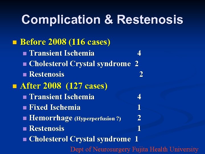 Complication & Restenosis n Before 2008 (116 cases) Transient Ischemia 4 n Cholesterol Crystal