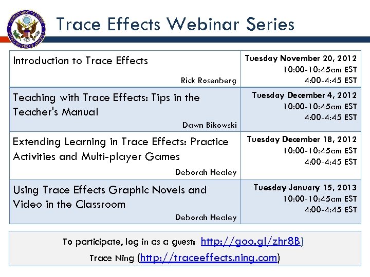 Trace Effects Webinar Series Introduction to Trace Effects Tuesday November 20, 2012 10: 00