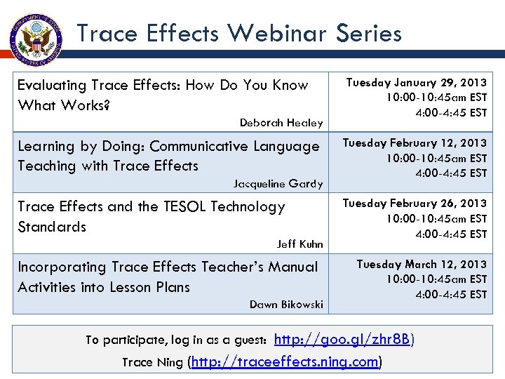 Trace Effects Webinar Series Evaluating Trace Effects: How Do You Know What Works? Deborah